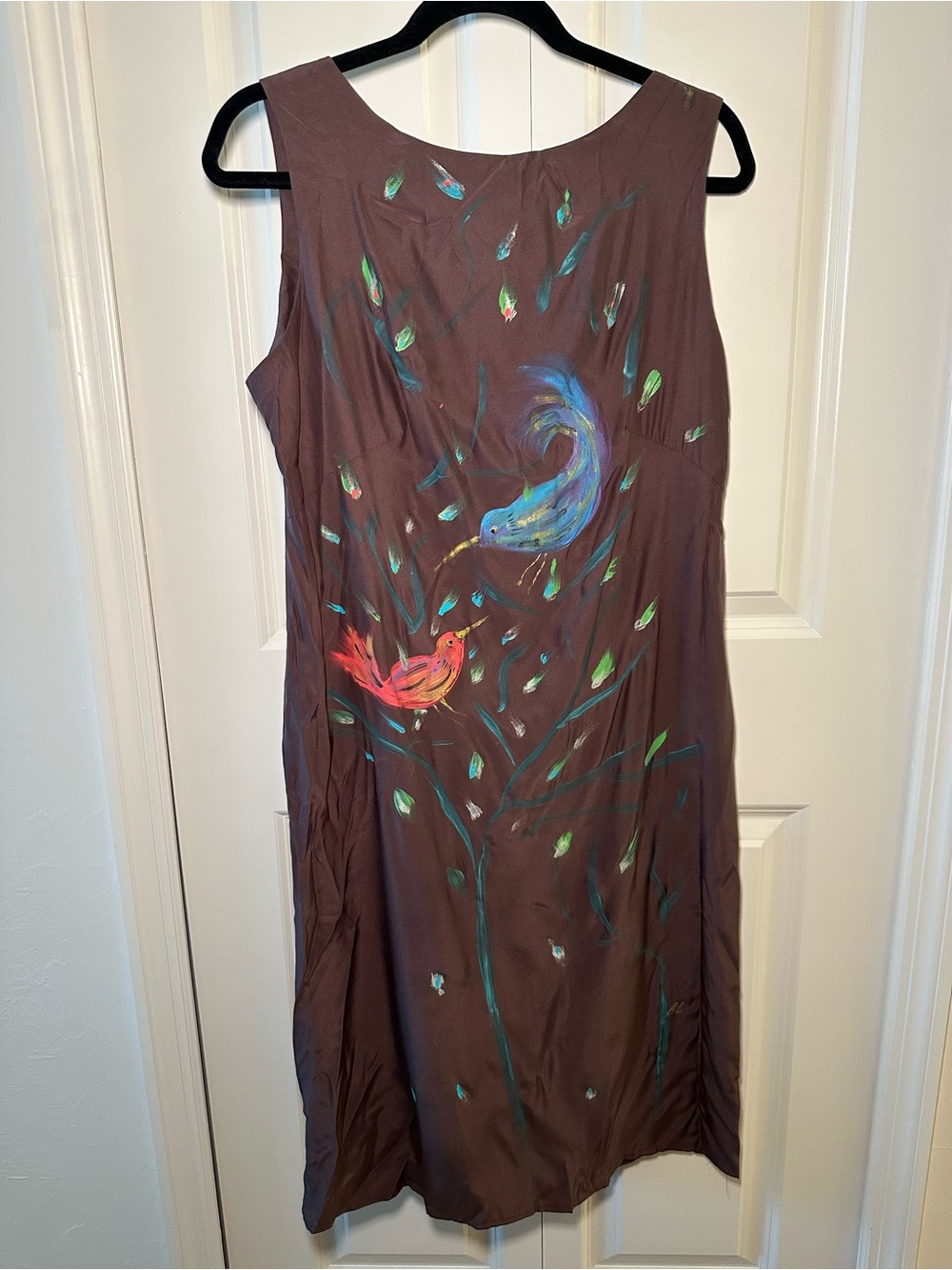 Loup One of a kind Brown Midi Dress with Hand-Painted Blue and Coral Birds NWT